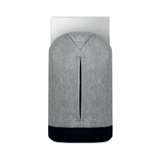 Husă pentru laptop din material texturat gri cu bază neagră din 600D și logo triunghiular subtil în rucsac