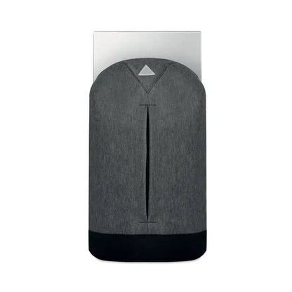 Husa pentru laptop din material texturat gri cu baza neagra si logo triunghiular argintiu rucsac in 600d
