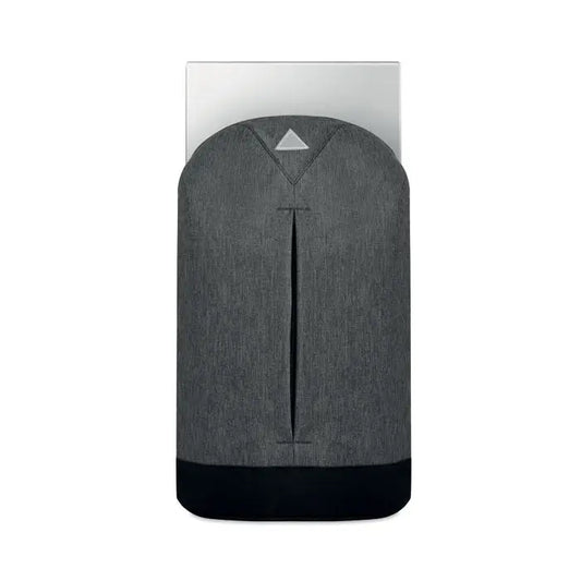 Husa pentru laptop din material texturat gri cu baza neagra si logo triunghiular argintiu rucsac in 600d