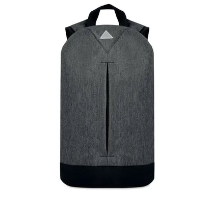 Rucsac gri din material texturat 600d cu margini negre si sigla triunghiulara argintie