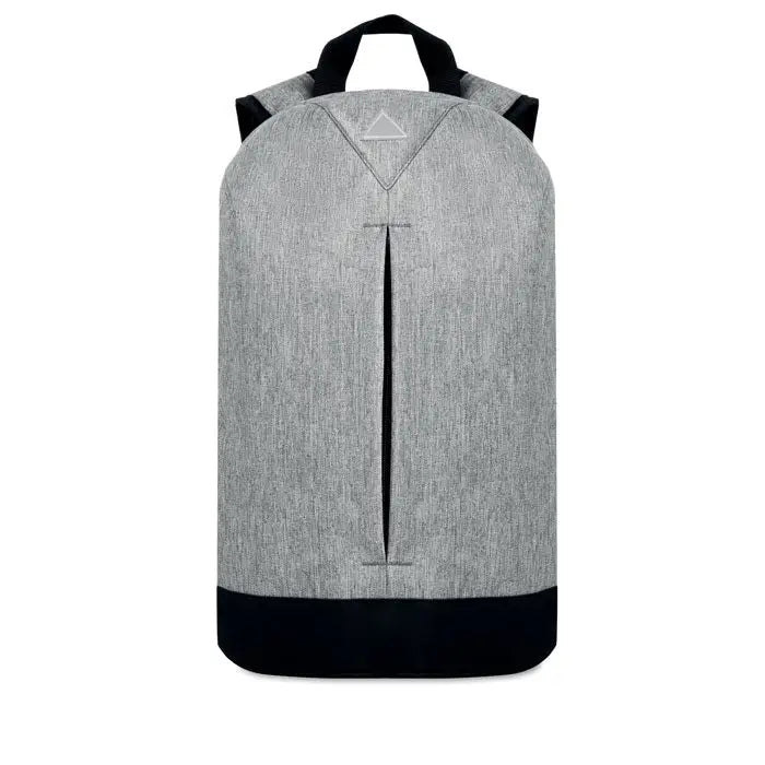 Rucsac gri din material 600d cu textură și accente negre pe partea inferioară, bretele și mâner superior