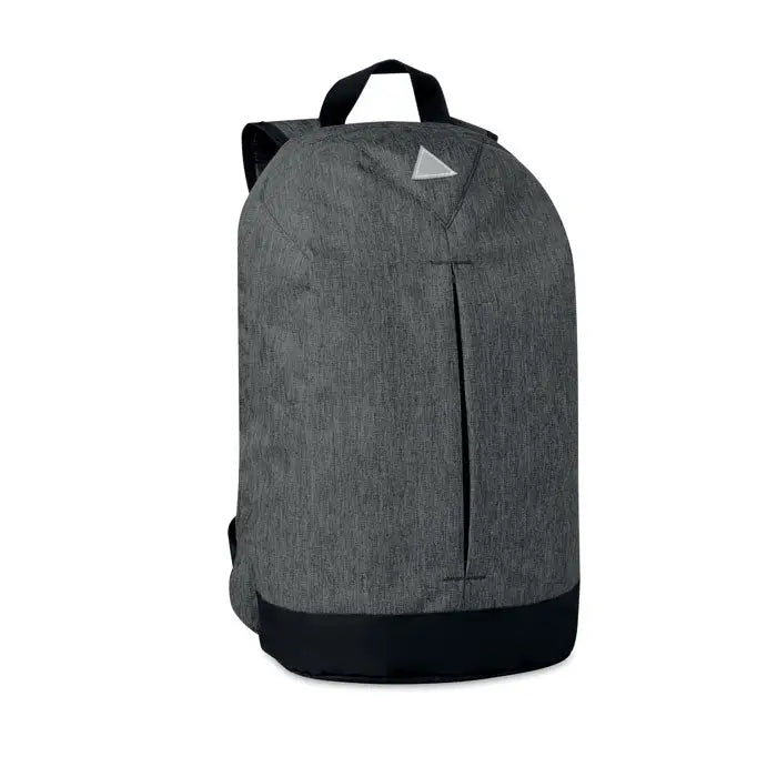 Rucsac în 600d gri texturat cu bază și bretele negre și logo triunghiular subtil pe față