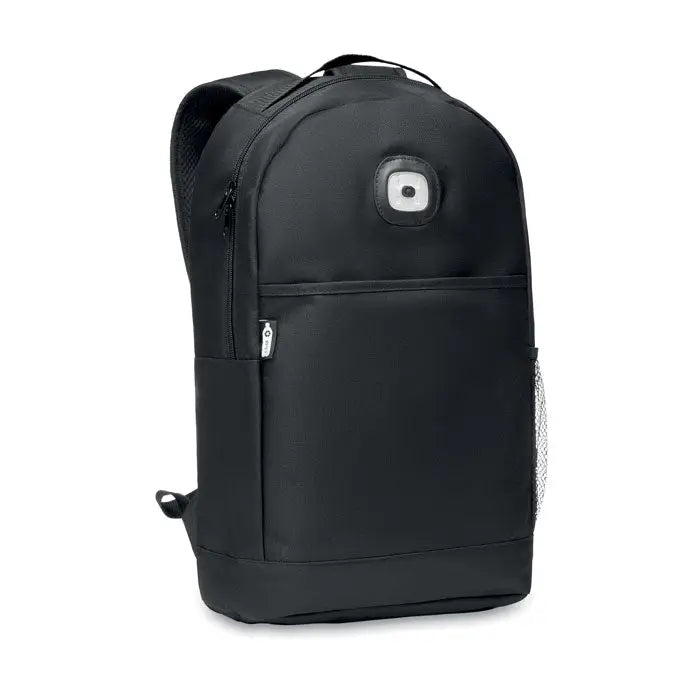 Rucsac negru din rpet si cob light cu design modern, accent circular alb si buzunare laterale din plasa