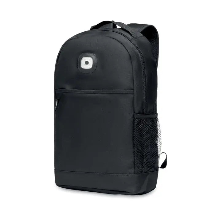 Rucsac negru din nylon rpet cu logo alb circular si buzunar lateral plasa cob light