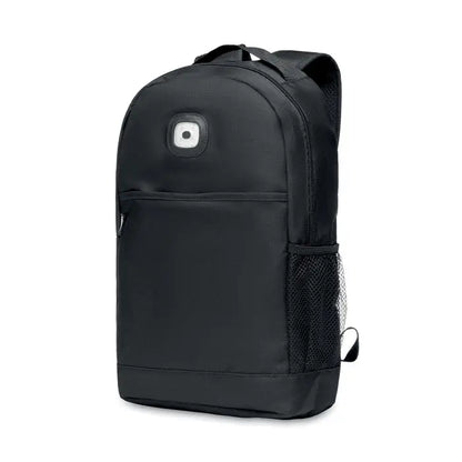 Rucsac negru din nylon rpet cu logo alb circular si buzunar lateral plasa cob light