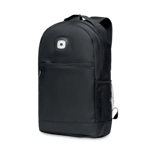 Rucsac negru din nylon rpet cu logo alb circular si buzunar lateral plasa cob light