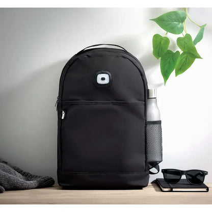 Rucsac negru din rpet cu lumina led circulara pe fata si buzunar lateral din plasa