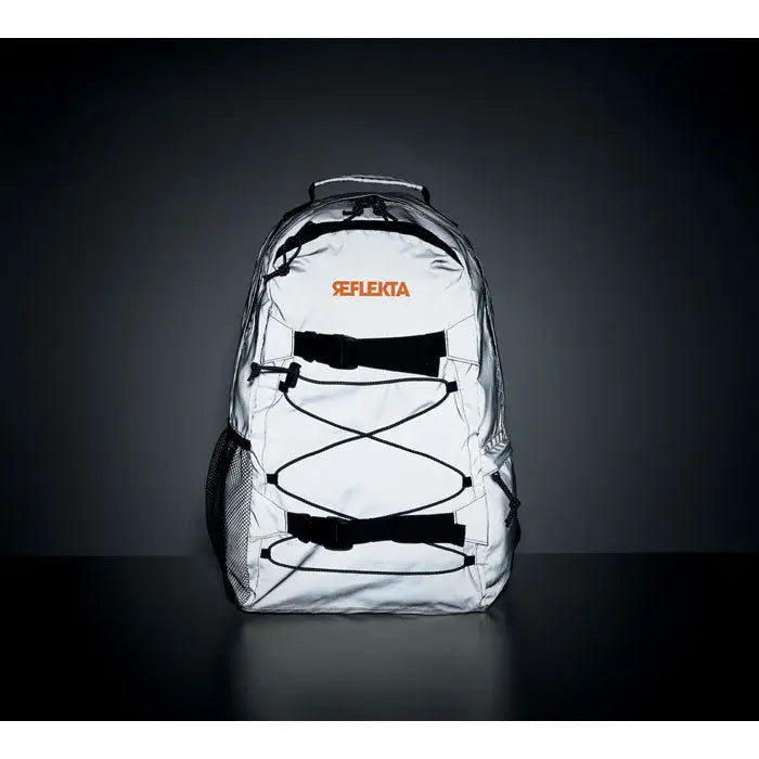 Rucsac inalt reflectorizant 190t alb cu bretele negre si logo portocaliu din material 190t reflectorizant
