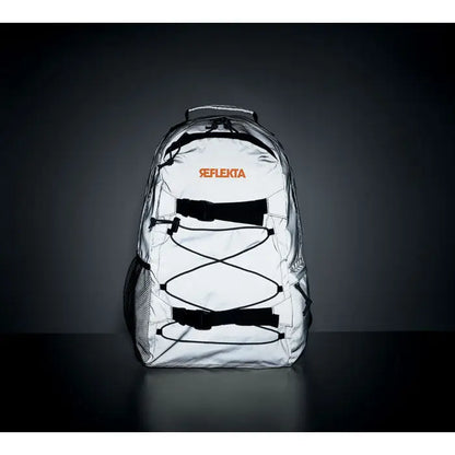 Rucsac inalt reflectorizant 190t alb cu bretele negre si logo portocaliu din material 190t reflectorizant