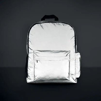 Rucsac înalt reflectorizant 190t argintiu cu margine neagră și buzunar frontal din material reflectorizant 190t