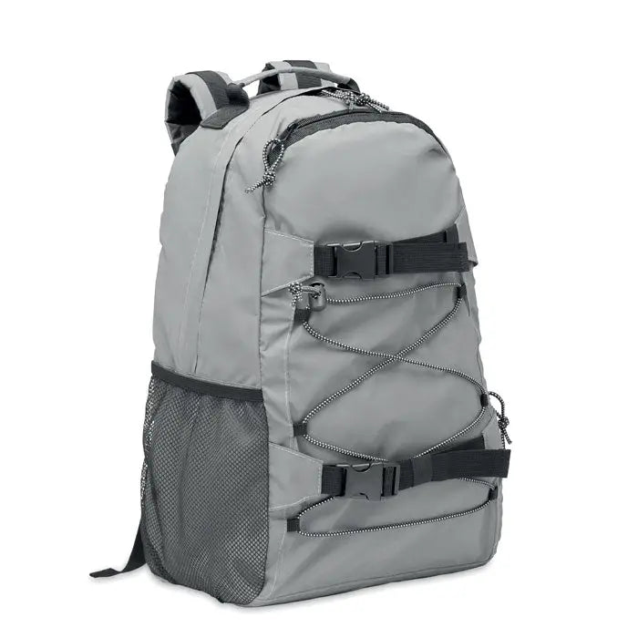Rucsac inalt reflectorizant 190t gri cu bretele negre, buzunar lateral din plasa si curele reglabile