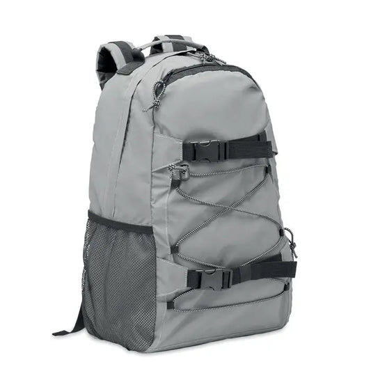 Rucsac inalt reflectorizant 190t gri cu bretele negre, buzunar lateral din plasa si curele reglabile
