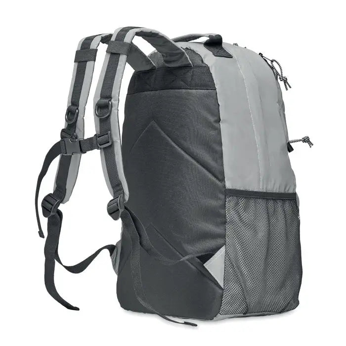 Rucsac înalt reflectorizant 190t gri și negru din material 190t cu buzunar lateral plasă și bretele reglabile