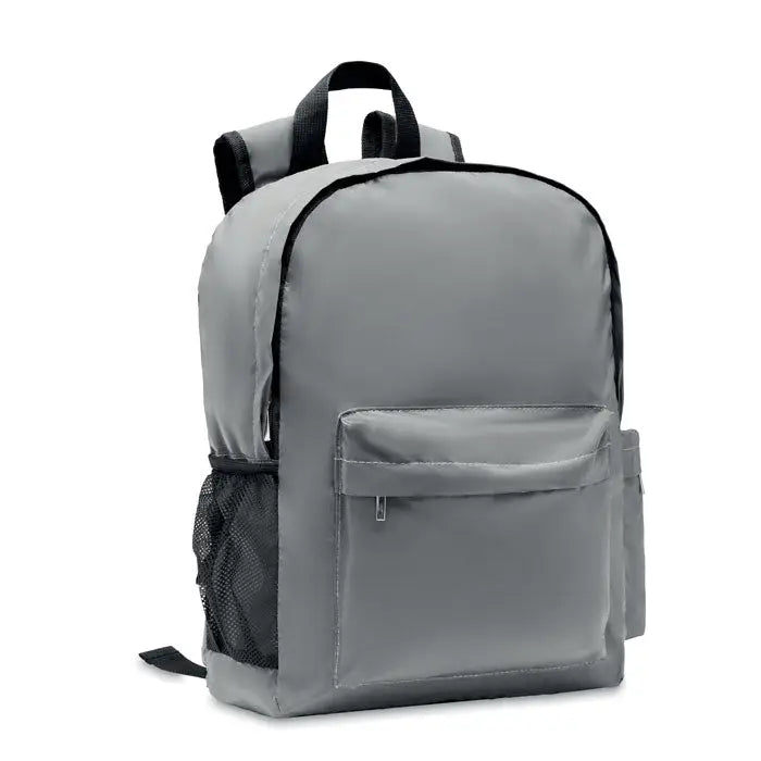 Rucsac înalt reflectorizant 190t din nylon gri cu margini negre și buzunar lateral din plasă