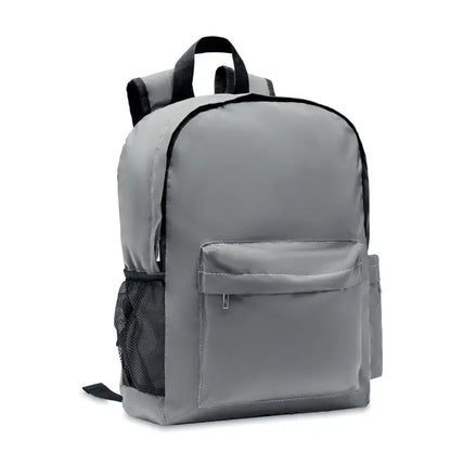 Rucsac înalt reflectorizant 190t din nylon gri cu margini negre și buzunar lateral din plasă