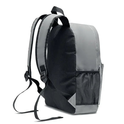 Rucsac inalt reflectorizant 190t negru si gri cu panouri reflectorizante si buzunar lateral din plasa