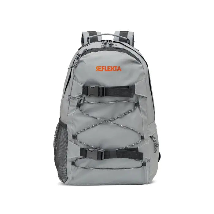 Rucsac înalt reflectorizant 190t gri cu bretele negre și logo portocaliu din material reflectant 190t
