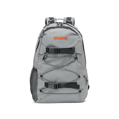 Rucsac înalt reflectorizant 190t gri cu bretele negre și logo portocaliu din material reflectant 190t