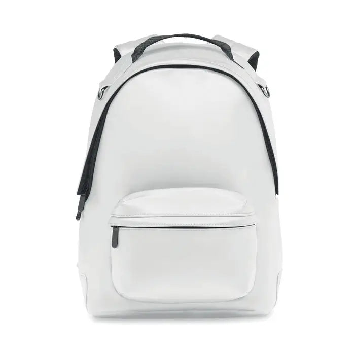 Rucsac moale alb minimalist din pu pentru laptop de 15 inci cu fermoare si margini negre