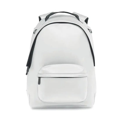 Rucsac moale alb minimalist din pu pentru laptop de 15 inci cu fermoare si margini negre