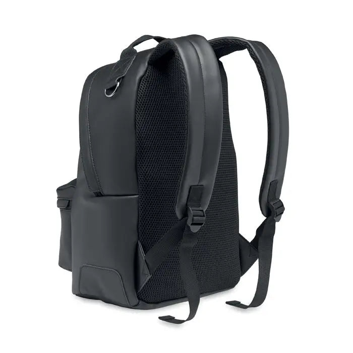 Rucsac moale negru din pu pentru laptop de 15 inchi cu panou spate din mesh si bretele captusite vazut din spate