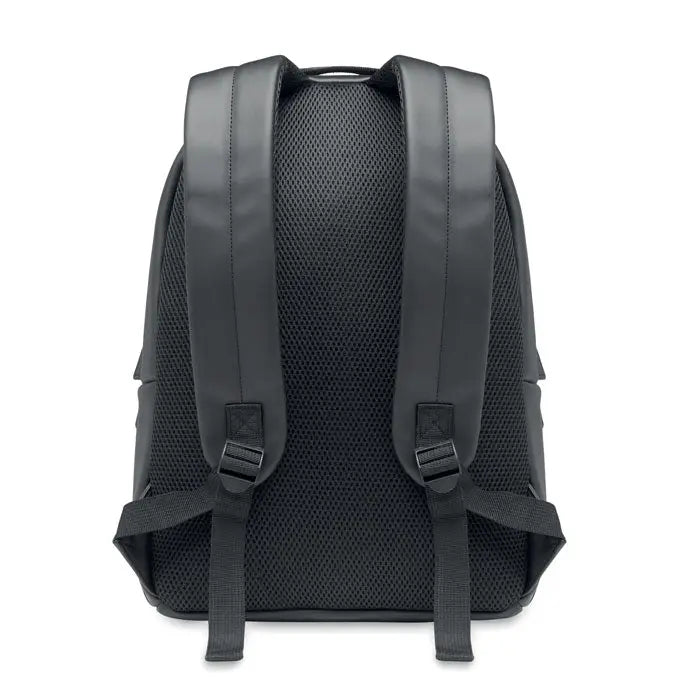 Rucsac moale negru din pu pentru laptop de 15 inchi vazut din spate cu panou mesh si bretele captusite