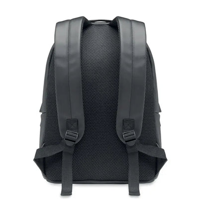 Rucsac moale negru din pu pentru laptop de 15 inchi vazut din spate cu panou mesh si bretele captusite