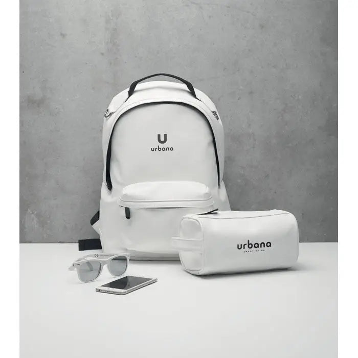Rucsac moale urbana din pu alb cu garnituri negre si logo minimalist u pentru laptop de 15 inch