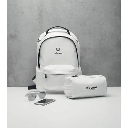 Rucsac moale urbana din pu alb cu garnituri negre si logo minimalist u pentru laptop de 15 inch