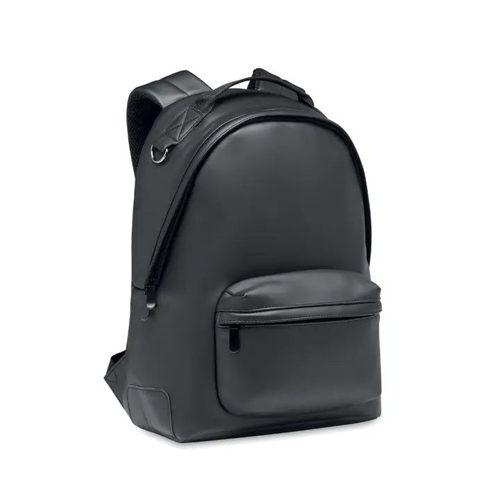 Rucsac moale negru din piele ecologica cu buzunar frontal si bretele captusite pentru laptop de 15 inchi