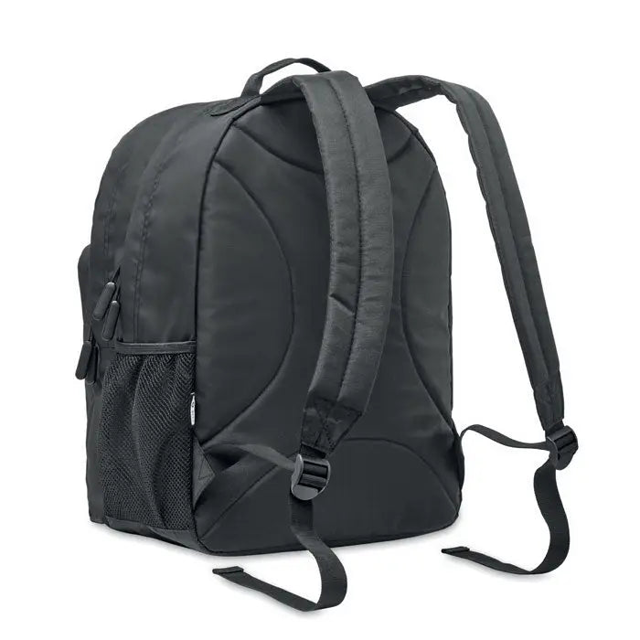 Rucsac pentru laptop 300d rpet negru din nylon cu bretele captusite si buzunar lateral din plasa