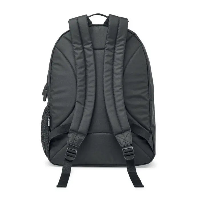 Rucsac pentru laptop 300d rpet negru din nylon cu bretele captusite si buzunar lateral din plasa