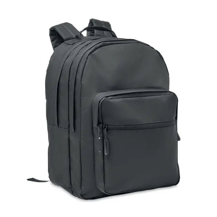 Rucsac pentru laptop 300d rpet negru din nylon cu buzunar frontal cu fermoar si bretele reglabile