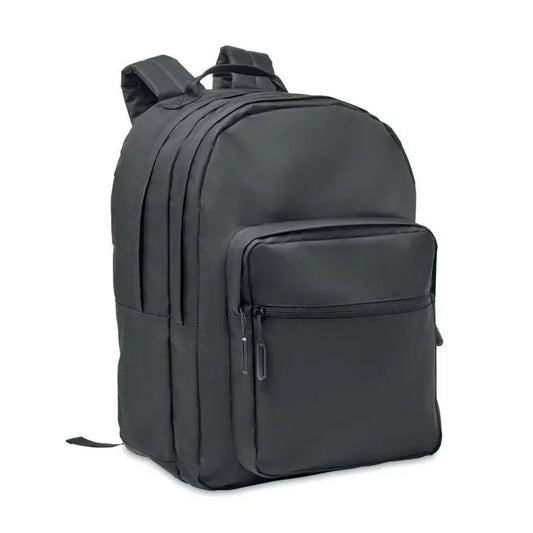 Rucsac pentru laptop 300d rpet negru din nylon cu buzunar frontal cu fermoar si bretele reglabile