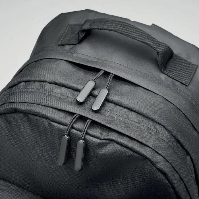 Rucsac pentru laptop 300d rpet negru din nylon cu doua fermoare si maner superior