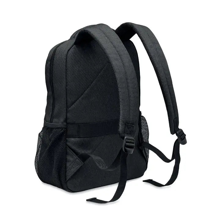 Rucsac pentru laptop 600d rpet negru cu buzunare laterale din plasa si bretele captusite