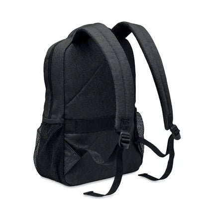 Rucsac pentru laptop 600d rpet negru cu buzunare laterale din plasa si bretele captusite