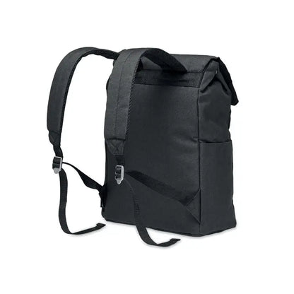 Rucsac pentru laptop 600d rpet negru cu clapeta rulabila si bretele reglabile cu catarame metalice argintii
