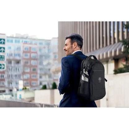 Rucsac pentru laptop 600d rpet negru cu suport pentru sticla si logo discret pe fata