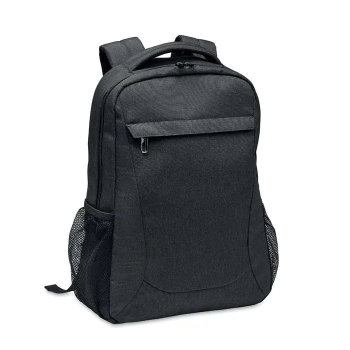 Rucsac pentru laptop 600d rpet negru texturat cu buzunare laterale din plasa si compartiment frontal cu fermoar