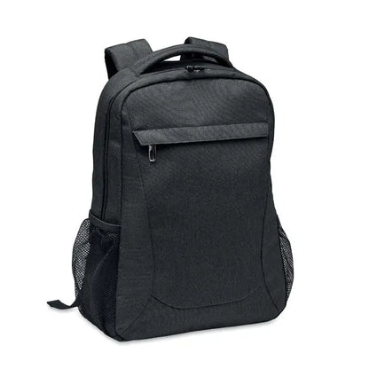 Rucsac pentru laptop 600d rpet negru texturat cu buzunare laterale din plasa si compartiment frontal cu fermoar