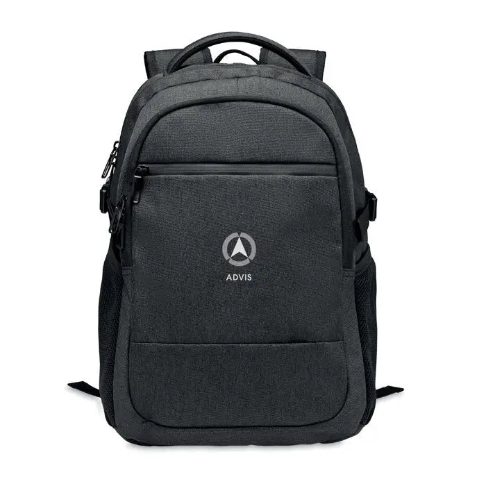 Rucsac pentru laptop 600d rpet negru texturat cu logo gri subtil si branding advis pe fata