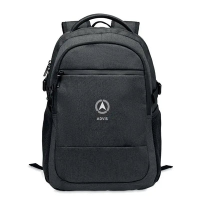 Rucsac pentru laptop 600d rpet negru texturat cu logo gri subtil si branding advis pe fata