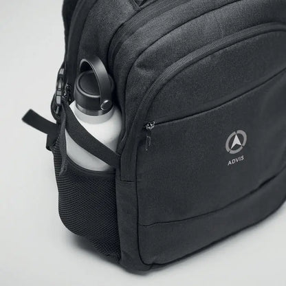Rucsac pentru laptop 600d rpet negru cu textură și sticla albă în buzunar lateral din plasă