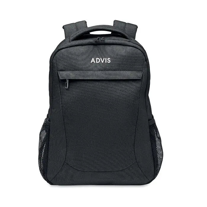 Rucsac pentru laptop 600d rpet negru cu buzunare laterale din plasă și branding alb advis pe față