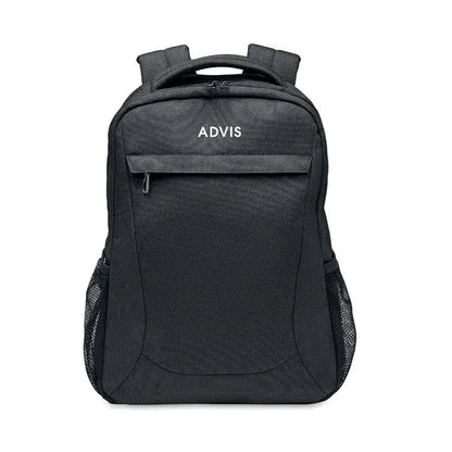 Rucsac pentru laptop 600d rpet negru cu buzunare laterale din plasă și branding alb advis pe față