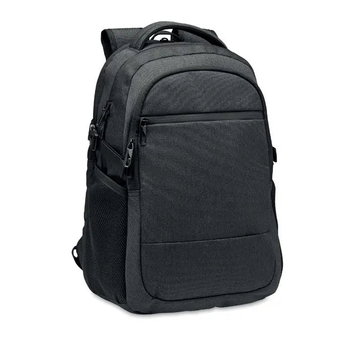 Rucsac pentru laptop 600d rpet negru texturat cu multiple compartimente cu fermoar si buzunare laterale din plasa