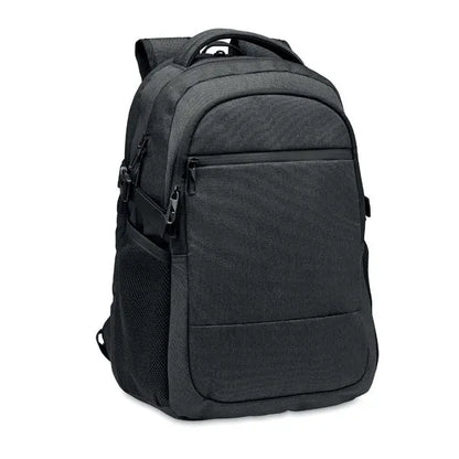 Rucsac pentru laptop 600d rpet negru texturat cu multiple compartimente cu fermoar si buzunare laterale din plasa