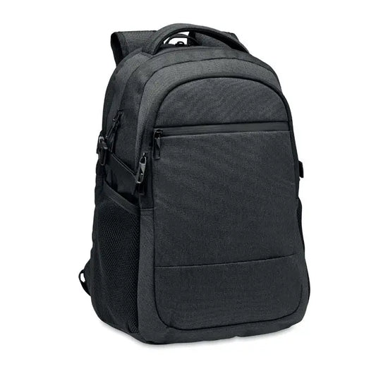 Rucsac pentru laptop 600d rpet negru texturat cu multiple compartimente cu fermoar si buzunare laterale din plasa