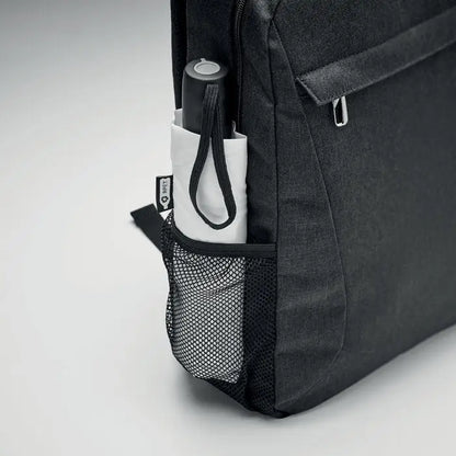 Rucsac pentru laptop 600d rpet cu buzunar plasa ce tine o umbrela compacta neagra cu interior alb si maner negru